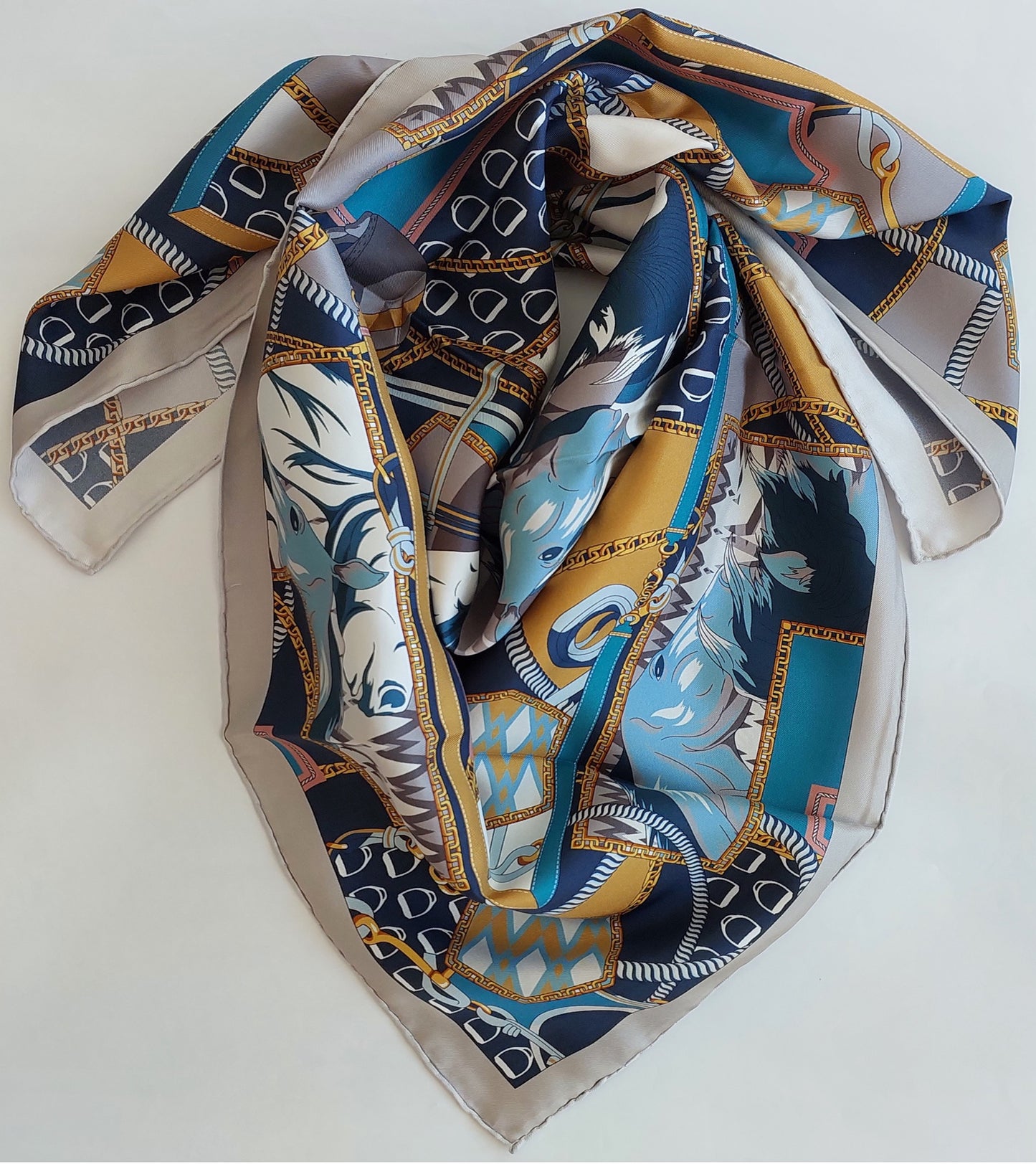 Woman 100% Silk Scarf Wild Horses design Blue Grey Gold Colours Hand rolled Stitch Great Gift