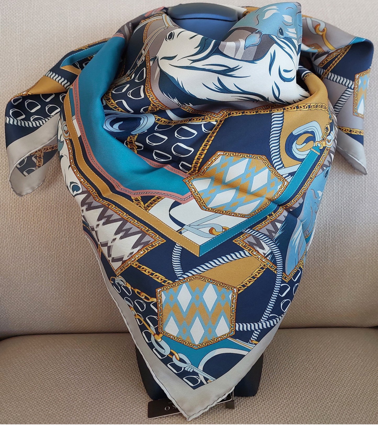 Woman 100% Silk Scarf Wild Horses design Blue Grey Gold Colours Hand rolled Stitch Great Gift