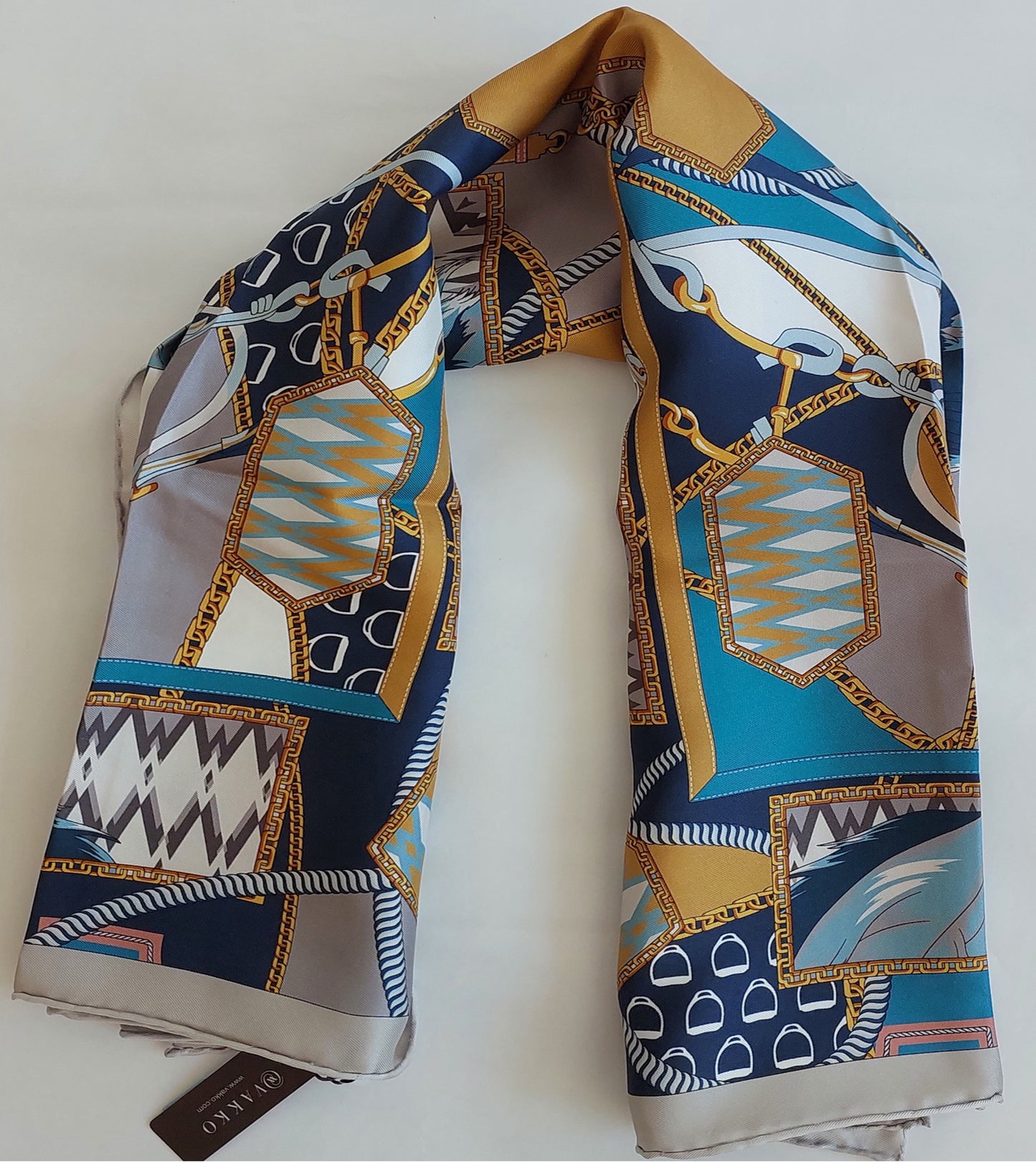 Woman 100% Silk Scarf Wild Horses design Blue Grey Gold Colours Hand rolled Stitch Great Gift