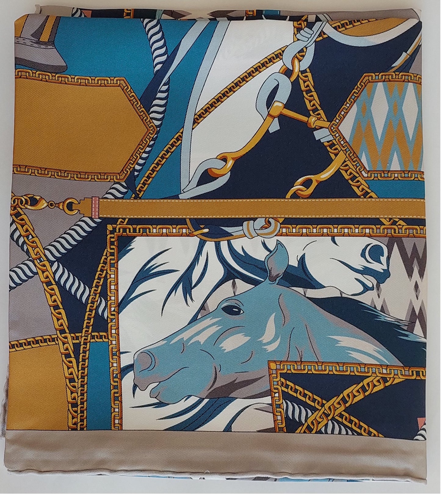 Woman 100% Silk Scarf Wild Horses design Blue Grey Gold Colours Hand rolled Stitch Great Gift