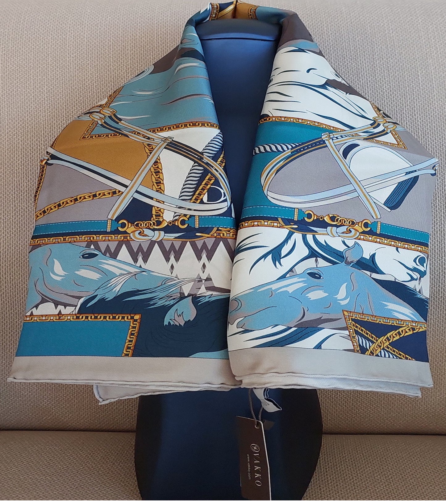 Woman 100% Silk Scarf Wild Horses design Blue Grey Gold Colours Hand rolled Stitch Great Gift