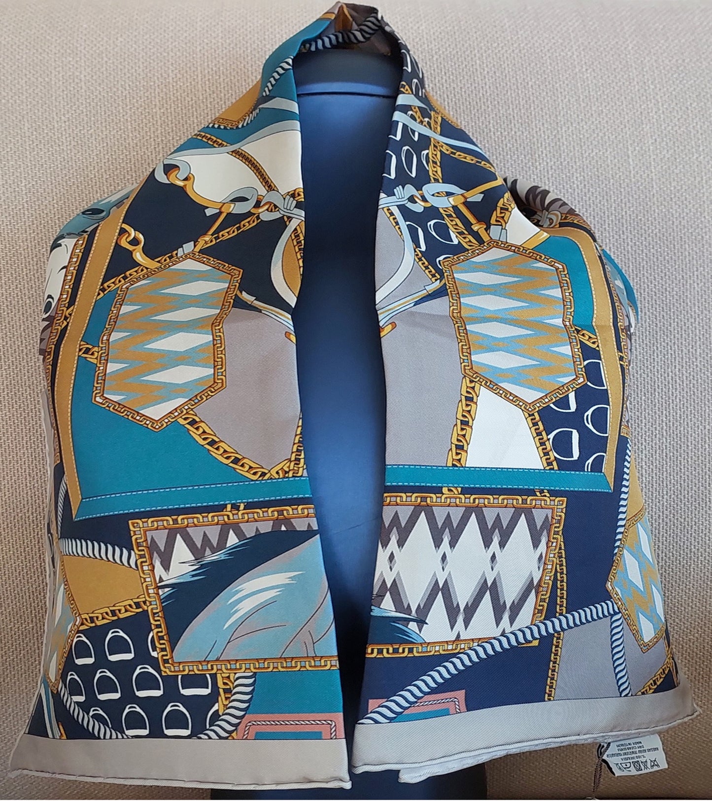 Woman 100% Silk Scarf Wild Horses design Blue Grey Gold Colours Hand rolled Stitch Great Gift